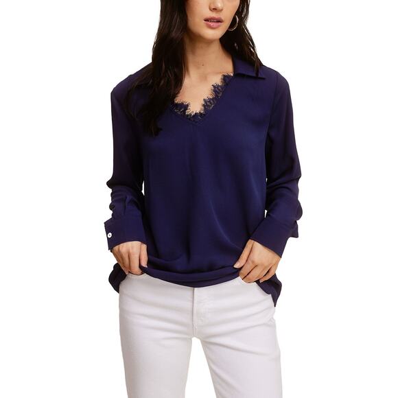 Fever Solid Soft Crepe Top Collar Lace Sheer Navy Blue NWT Size Large - Picture 1 of 9